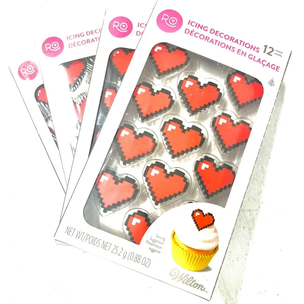 Valentine’s Wilton Pixelated Red Heart Icing Decorations set of 4